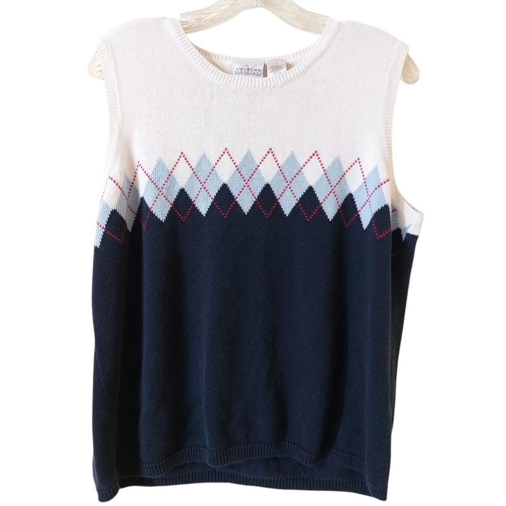 Villager Signature 90s Liz Claiborne Sleeveless White & Blue Argyle Sweater Vest